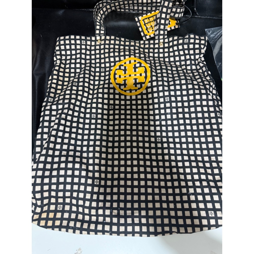 Tory Burch FNO 2011 Fashion's Night Out Canvas Tote Bag Black White Yellow Grid